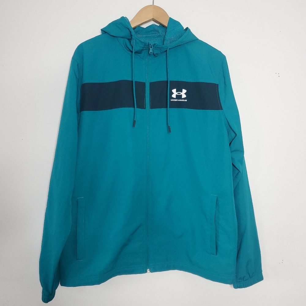 Under Armour Mens Windbreaker Size Large Teal Hooded Rain Jacket Outdoor Hiking
